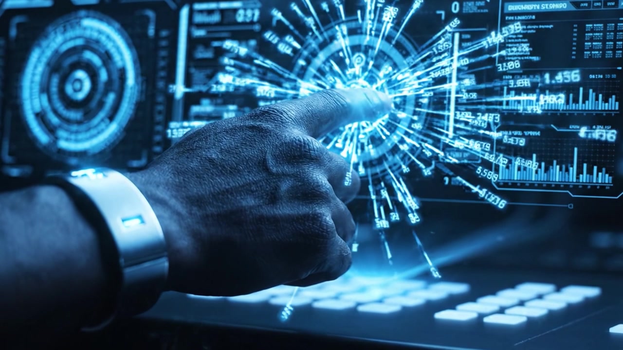 A Futuristic Interaction: A Hand Engaging with High-Tech Control Panel Displaying Digital Data and Interactive Graphics in a Sleek Cyber Environment