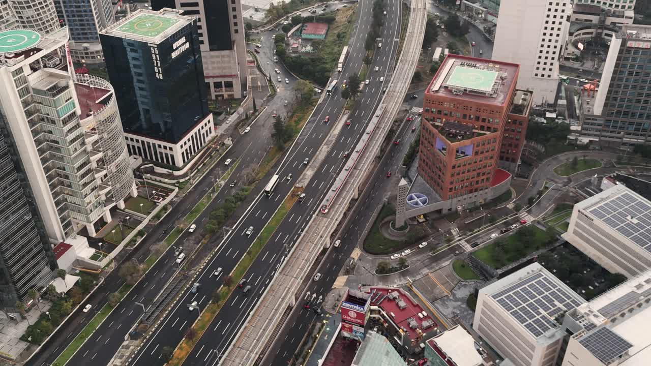 Overcast aerial view of the intercity train in Santa Fe, Mexico