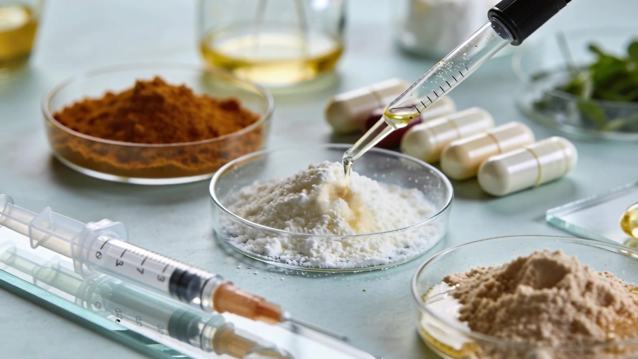 Eine sich bewegende Pipette tropft gelbes Öl auf beige-weiße Petrischalen im Labor für Tests, mit Kapseln.