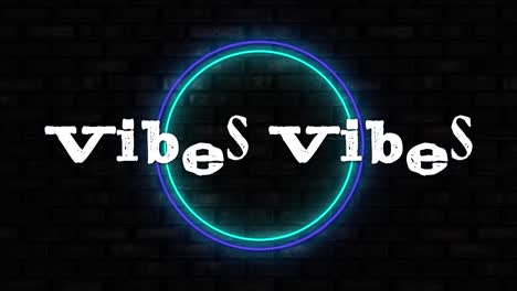 animation of good vibes in bending white text with colourful distortion and neon rings on black