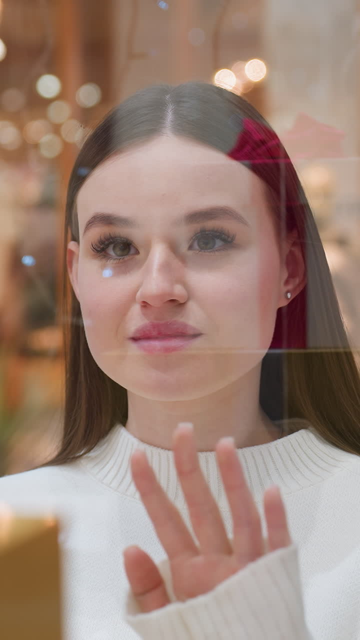 Close-up of beautifully wrapped gift box displayed in store window as lady admires it through glass with people walking by in busy shopping mall