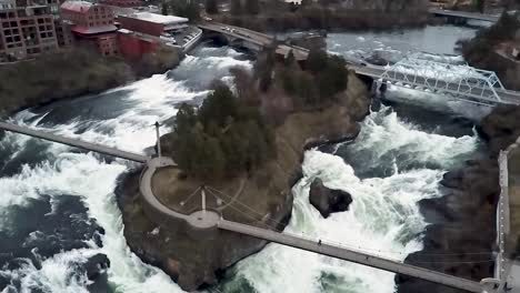 spokane falls - north fork of spokane river splitting at canada island - aerial