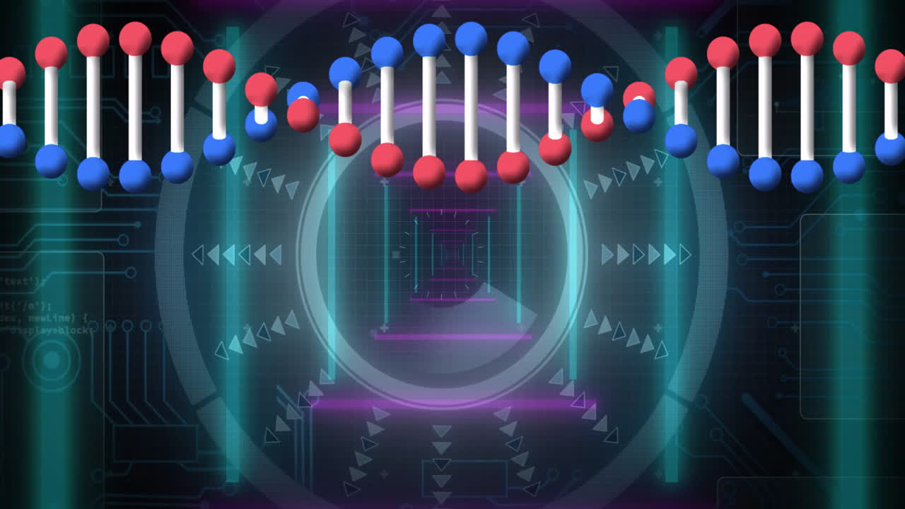 DNA strand with binary coding, processing scientific data in animation style