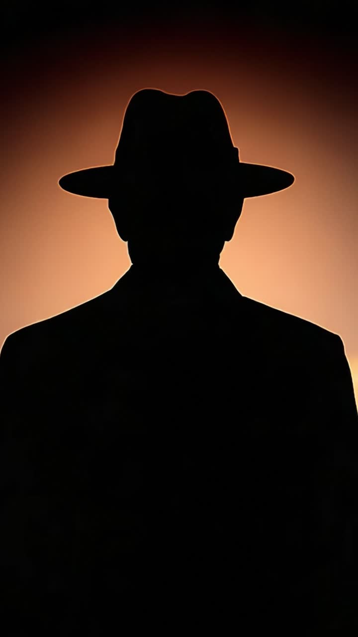Una silhouette misteriosa di una figura con un cappello su uno sfondo urbano retroilluminato, che cattura l'essenza del noir e dell'intrigo in un'ambientazione notturna