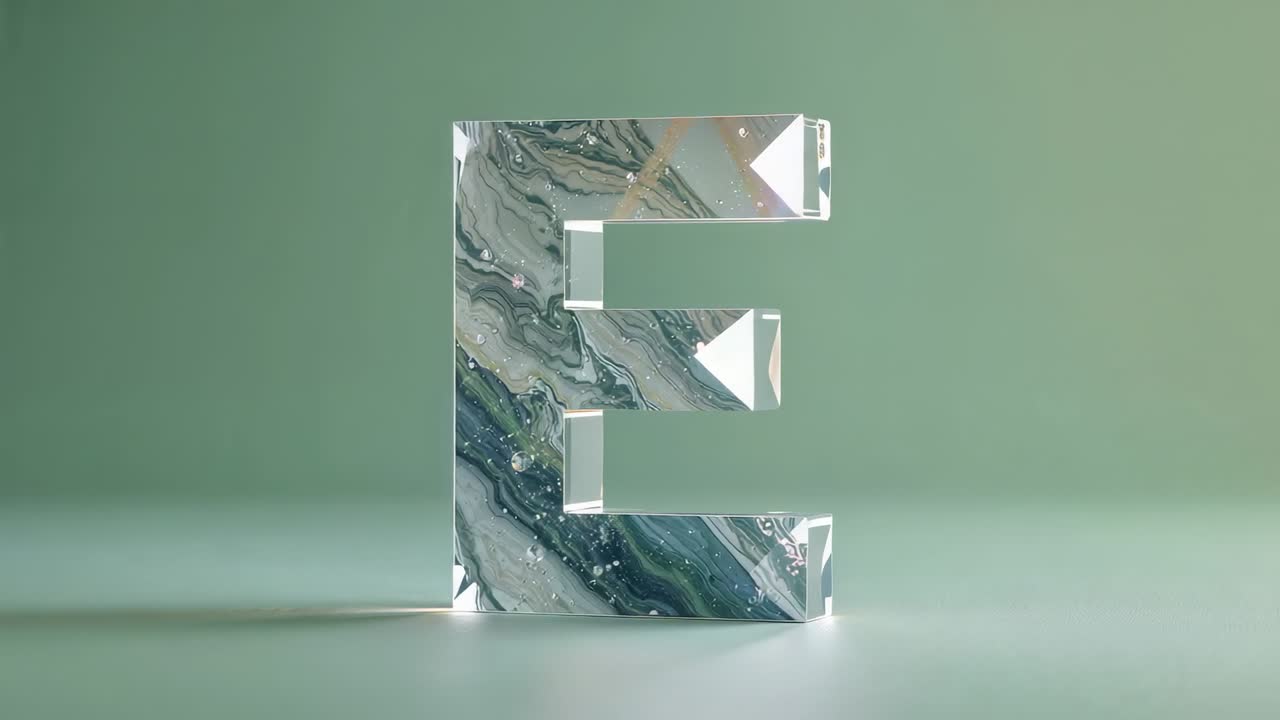 Intensifying studio lighting shifting glassy letter E marble pattern toward luminous white on table