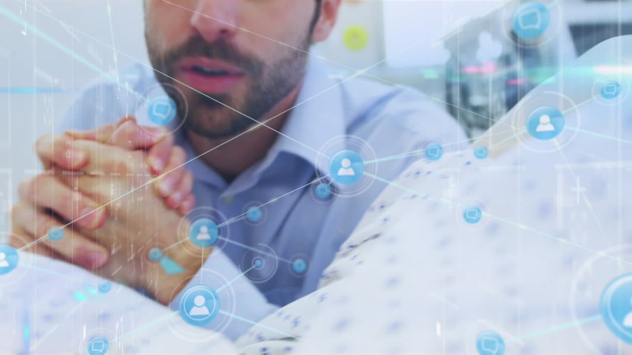 병원에 있는 백인 부부 위의 연결 네트워크의 애니메이션