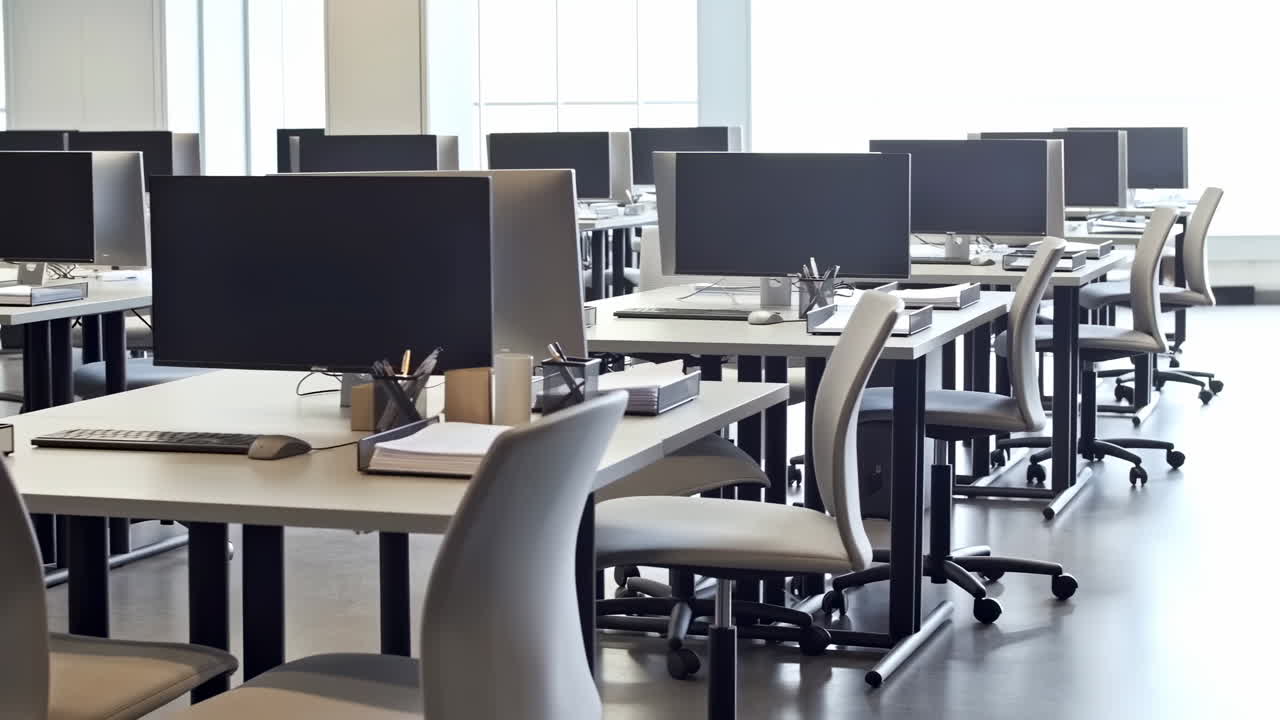 Empty Modern Office with Multiple Workstations and Computers