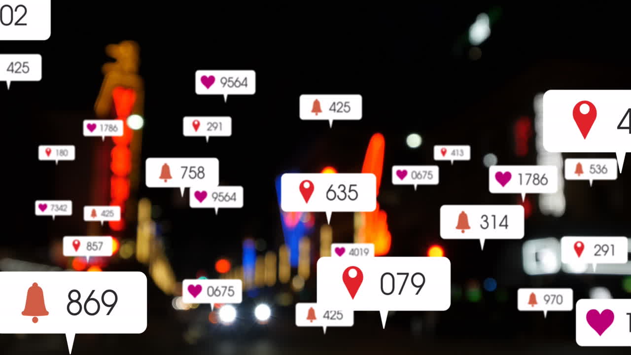 소셜 미디어 아이콘과 숫자의 애니메이션 초점이 맞지 않은 도시 및 자동차 불빛