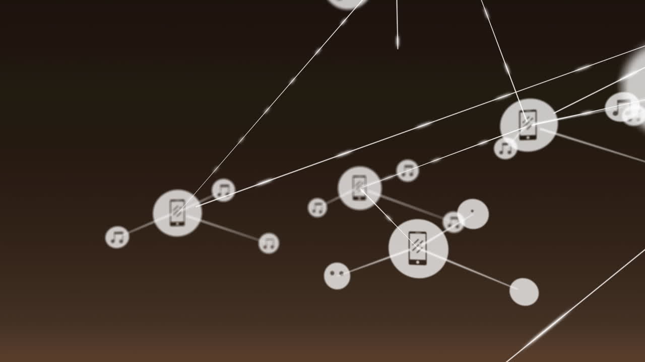 animación digital de música e iconos de teléfono que se conectan con líneas contra un fondo negro