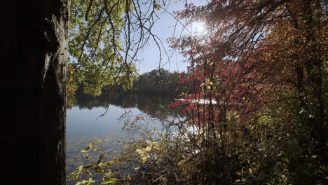 a calm lake sits through early autumn trees as the sun shines behind colorful leaves with beautiful lens flare