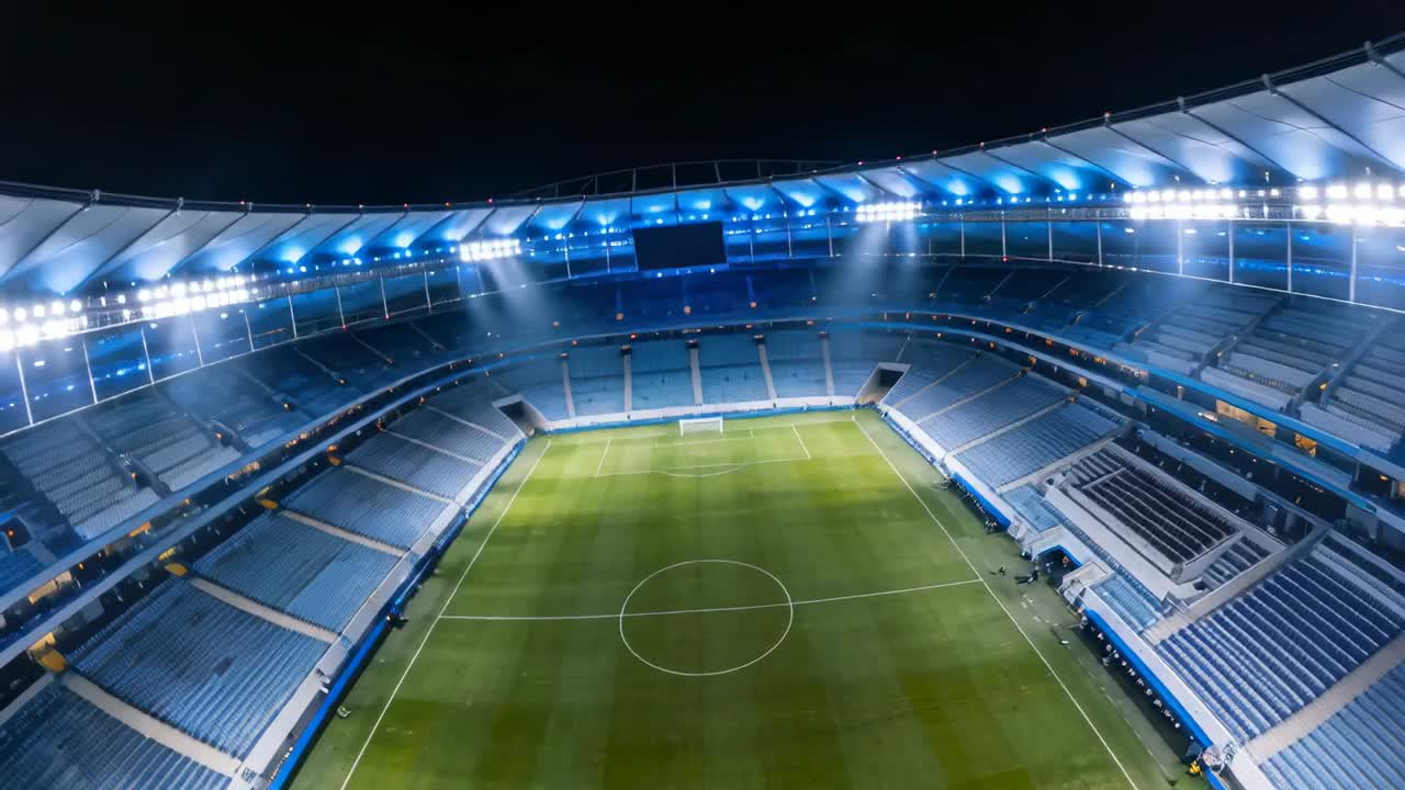 Drone che si lancia e riprende con una panoramica da angolata a zenitale su uno stadio notturno, con l'anello del tetto illuminato.