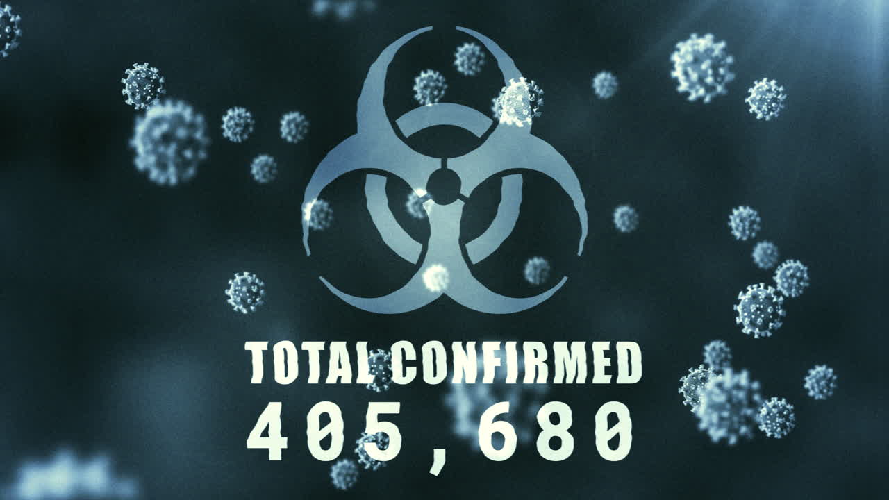 анимация знака опасности, общая подтвержденная информация и растущее число макроковид-19 клеток