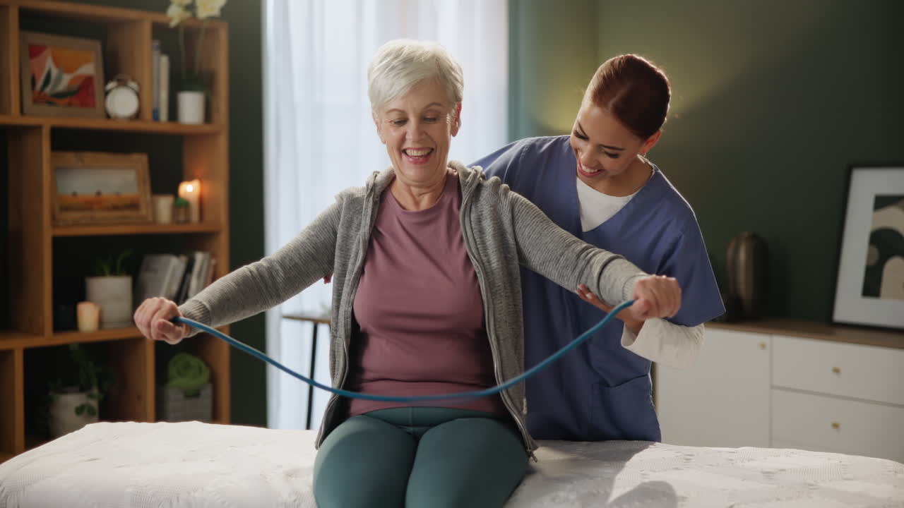 Senior woman exercising with resistance band with assistance from therapist