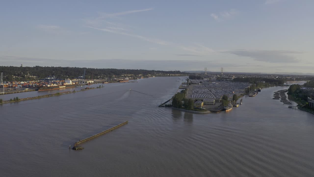Aerial Panaramic South West New Westminster Fraser River Annacis Channel Tug Boats