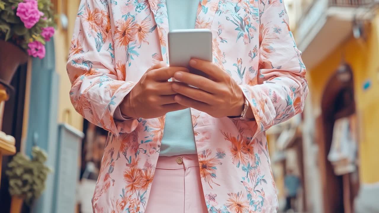 Persona al telefono con un elegante completo floreale