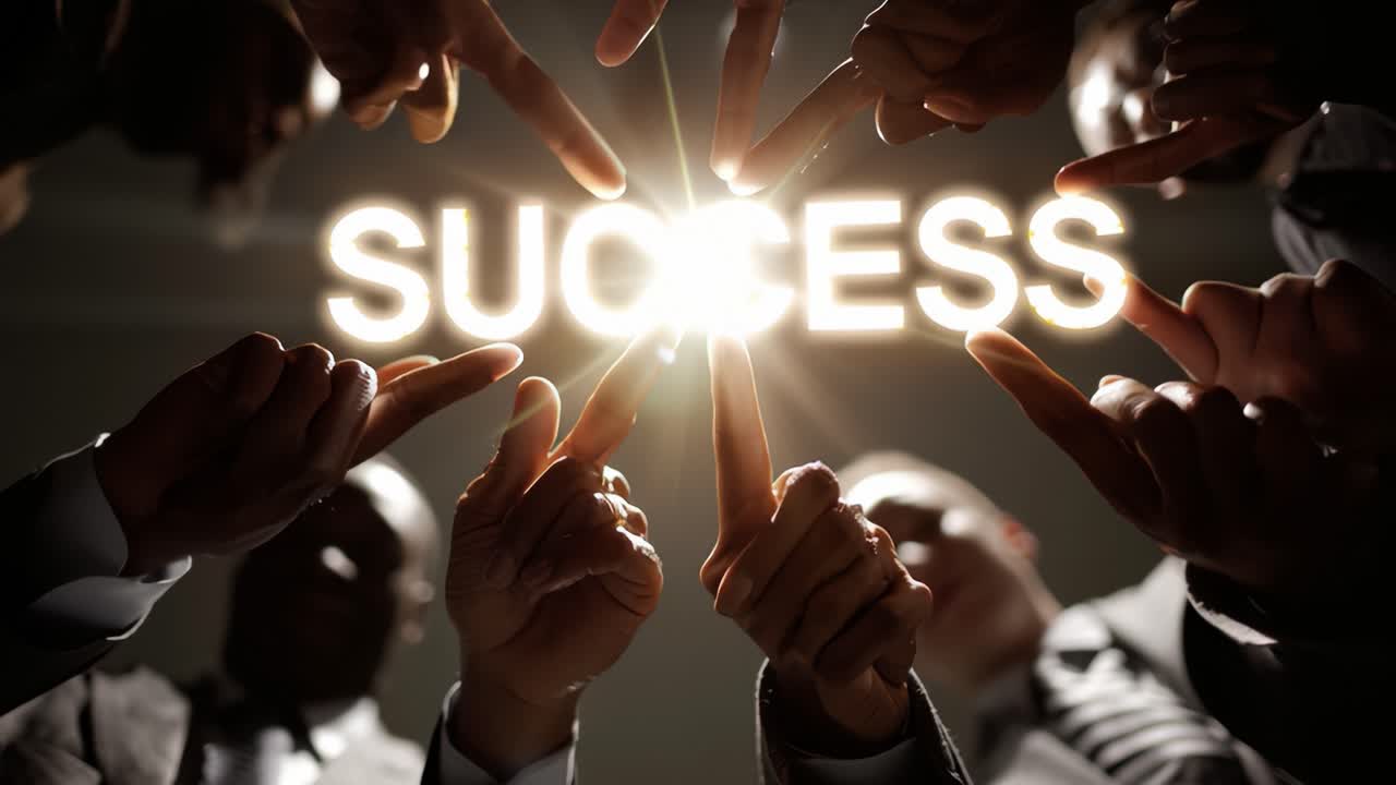 A Group of Diverse Individuals Collaboratively Pointing Towards the Word 'SUCCESS', Symbolizing Teamwork, Achievement, and Collective Efforts in Reaching Goals