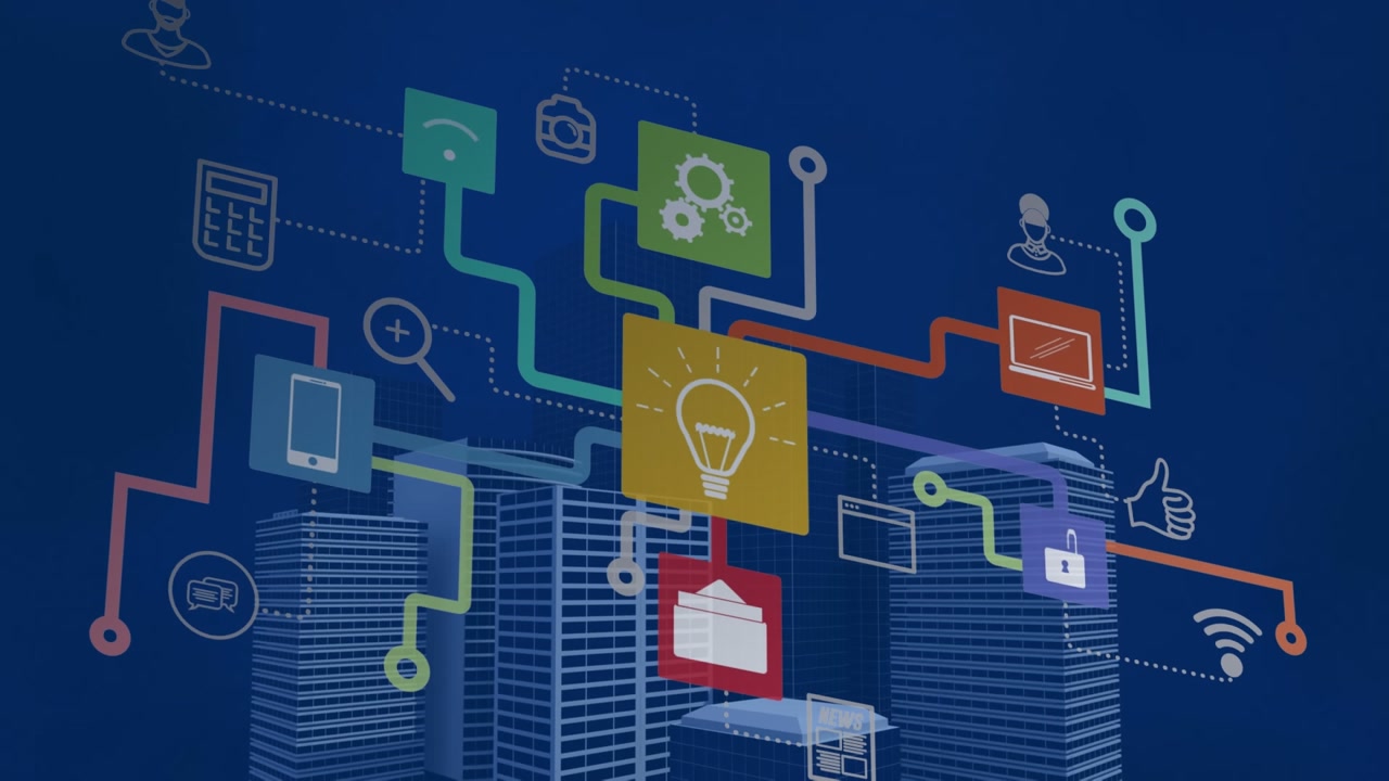 Animation of media icons over cityscape