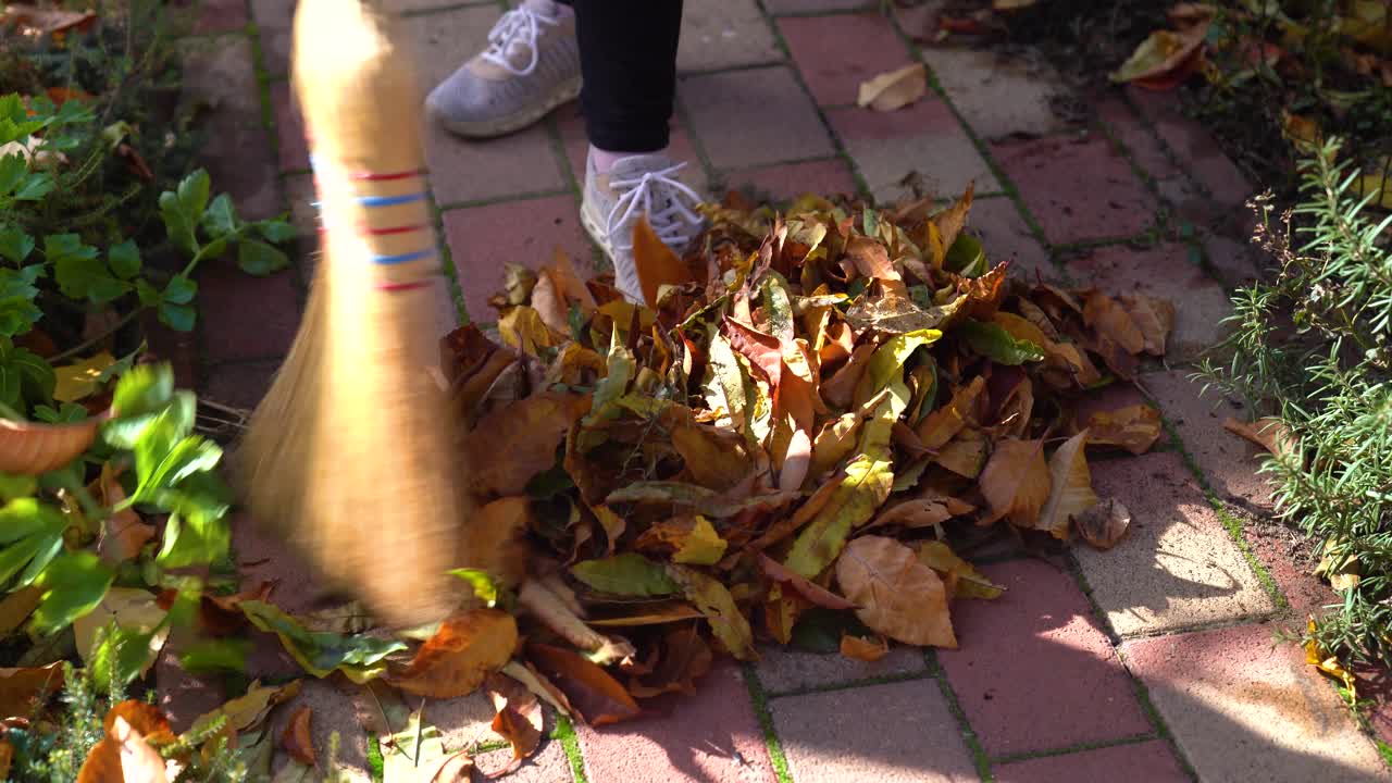 Foglie autunnali colorate che spazzano un sentiero di mattoni, eseguendo lavori di giardinaggio stagionali e riordinando