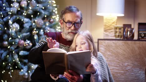 Close-Up-Portrait-Of-Joyful-Caring-Grandfather-Reading-Book-To-Little-Adorable-Girl-While-Sitting-At-Home-And-Spending-Xmas-Eve-Near-Decorated-Tree