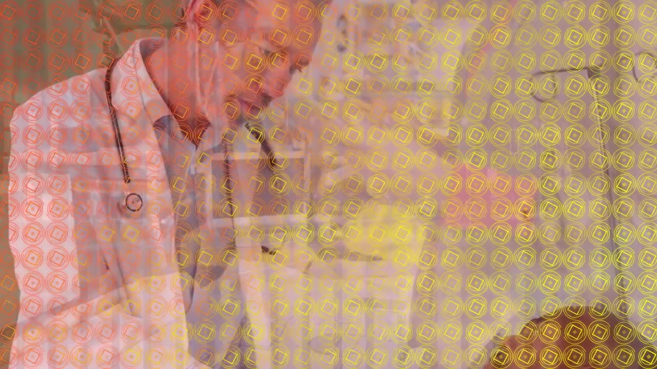 Animation of crosses and cubes moving over caucasian male doctor and patient