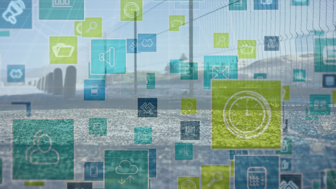 Animation of social media icons over woman running