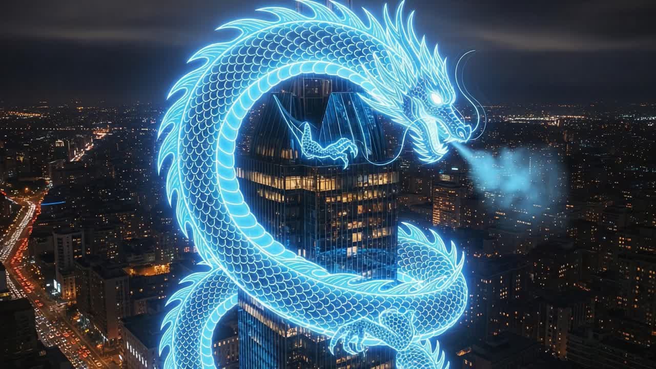 A Majestic Neon Dragon Soars Above the City, Breathing Glowing Smoke as It Hovers by a Skyscraper at Night, Adding an Enchanting Spectacle to the Urban Skyline