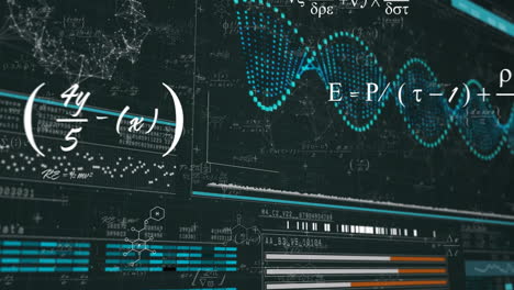 animation of mathematical equations over data processing with dna strand on black background