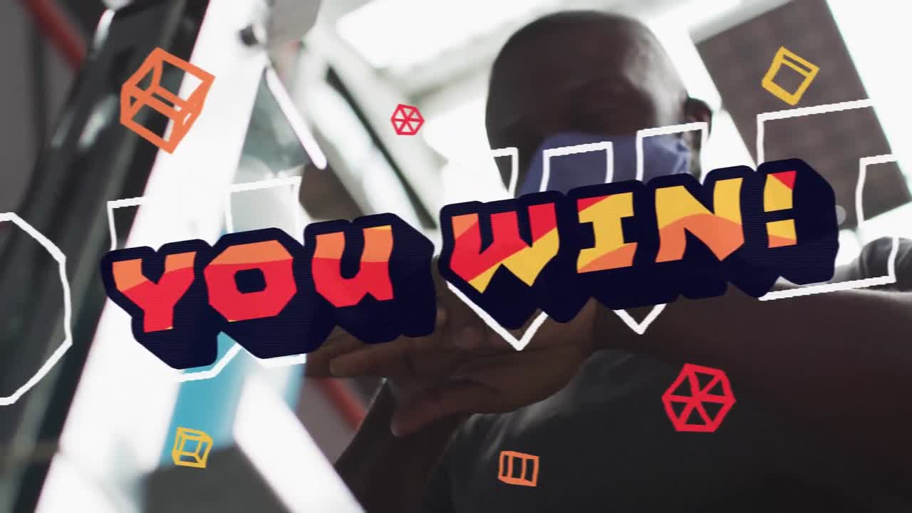 아프리카계 미국인 남자가 얼굴 마스크를 쓰고 손을  ⁇ 고 승리하는 단어의 애니메이션