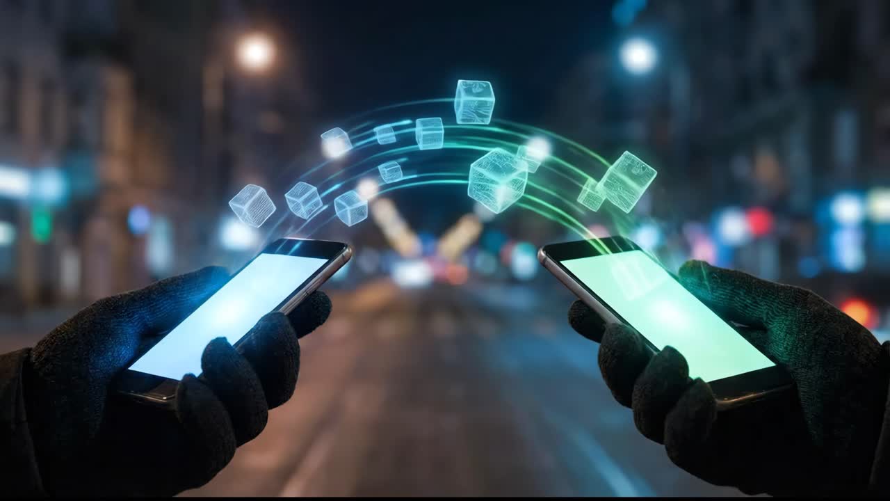 Hands in Gloves Transferring Digital Data Between Smartphones at Night
