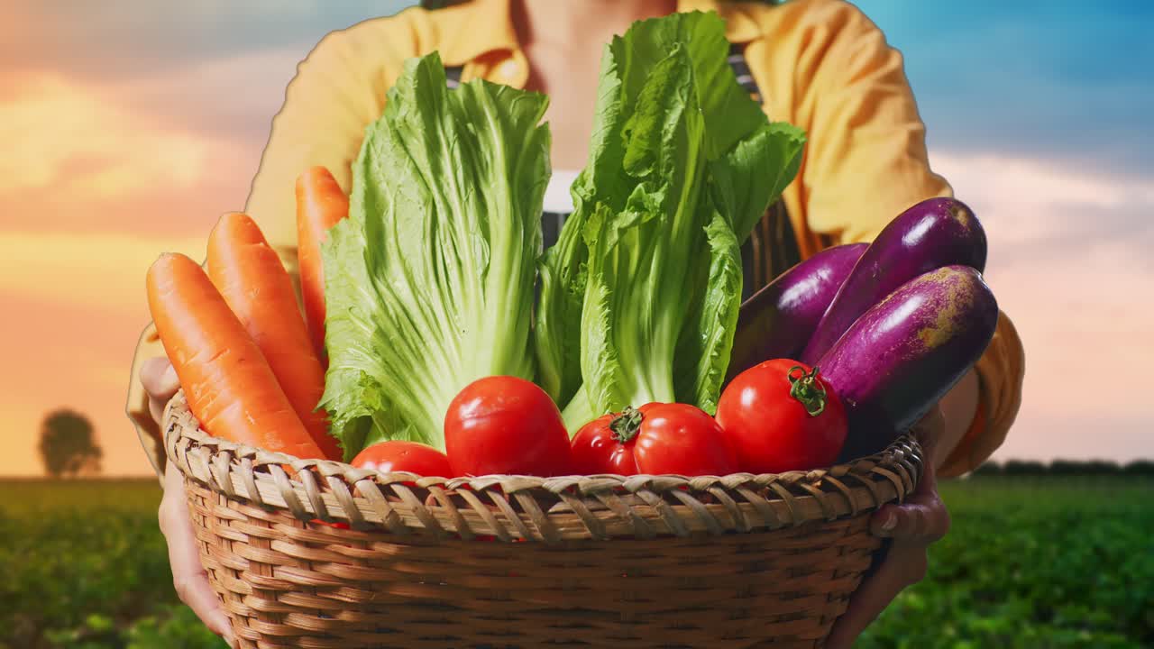 해가 지는 동안 신선한 채소 바구니를 들고 있는 여자