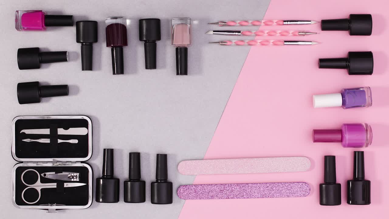 Nail manicure accessories and tools frame with place for text move. Stop motion