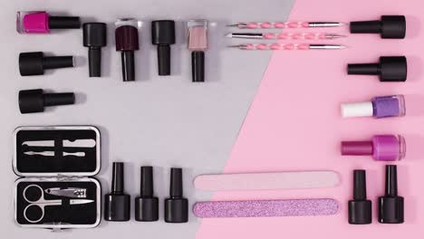 nail manicure accessories and tools frame with place for text move. stop motion