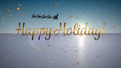 Animation-of-happy-holidays-text-over-santa-claus-in-sleigh-with-reindeer-over-winter-landscape