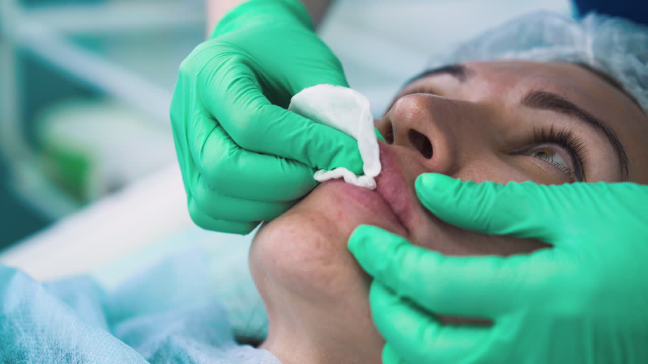 chica masajea mujer labio doloroso después del procedimiento de aumento