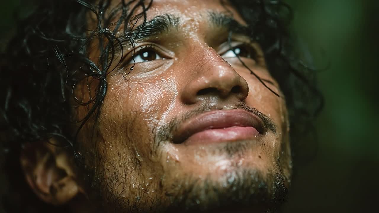 Capturing the Essence of Tranquility: A Close-Up of a Man Immersed in Natural Beauty, Embracing Joy and Renewal Under Raindrops