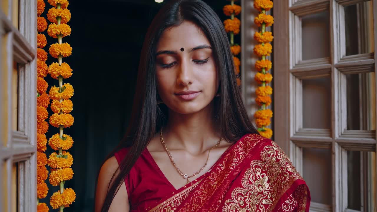 Indian woman in traditional red sari stands gracefully by a window adorned with marigold flowers, embodying serenity and cultural beauty in a captivating moment of reflection