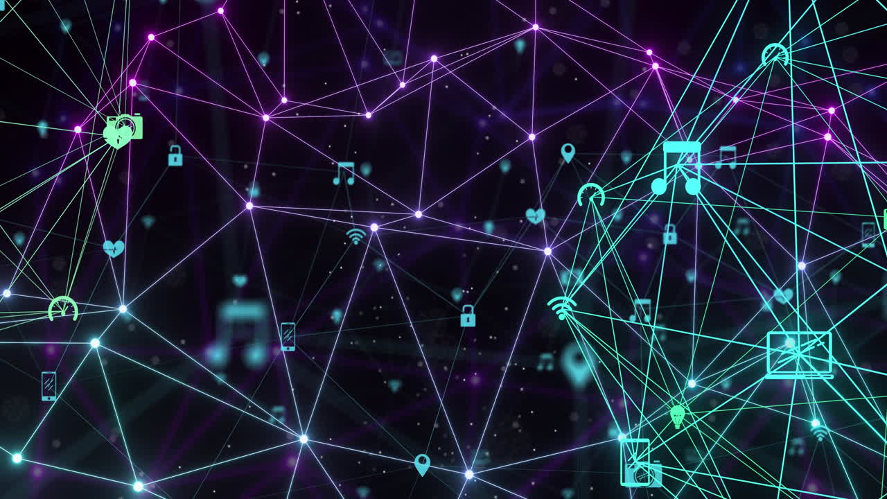 Animation of icons, globe with network of connections