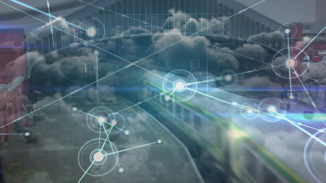 Animation of network of connections and sky with slouds over train station