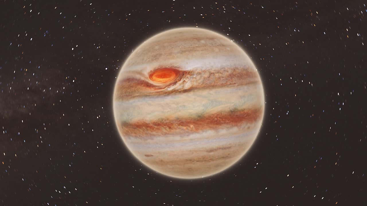 tiro de zoom giratorio muy rápido de júpiter con fondo de galaxia de la vía láctea - escena espacial 4k