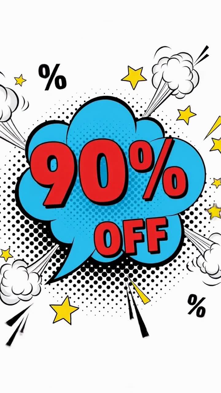 A comic book style poster with a blue cloud and red text that says 90% off