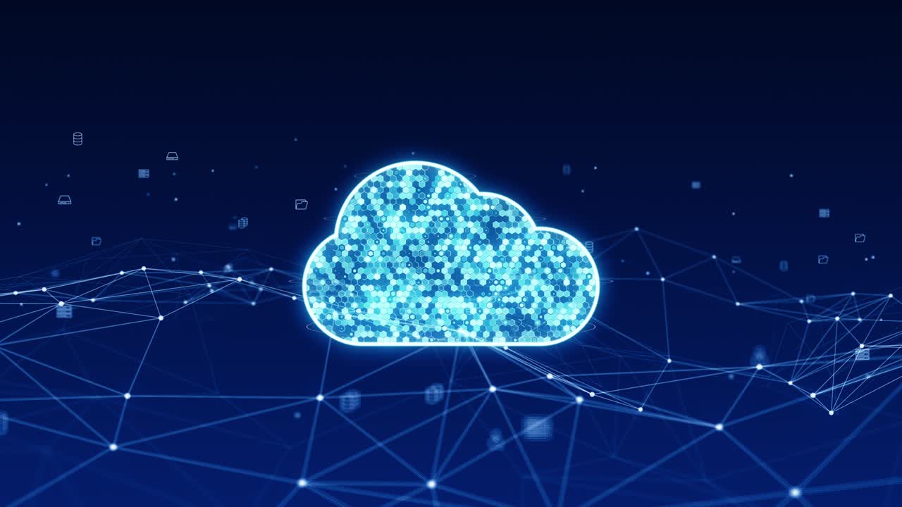 motion graphic van blauw digitaal cloud computing logo met lijnverbinding en futuristische technologie icoon levitatie op abstracte achtergrond concept naadloze lus video