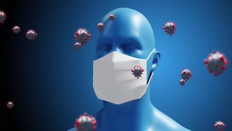 animation von makro-coronavirus-zellen, die über einem 3d-menschenmodell mit einer gesichtsmaske im hintergrund schweben