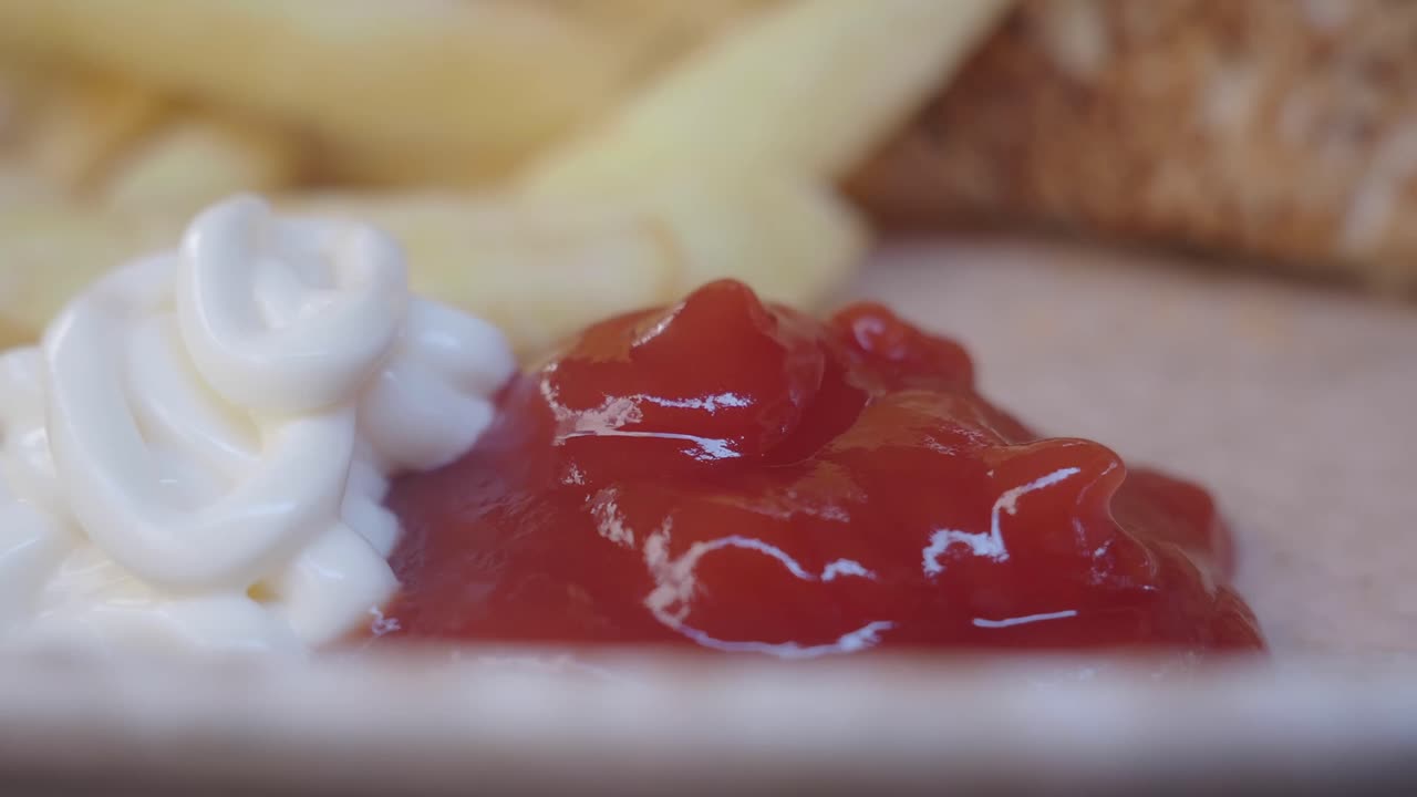 Kétchup y mayonesa con patatas fritas