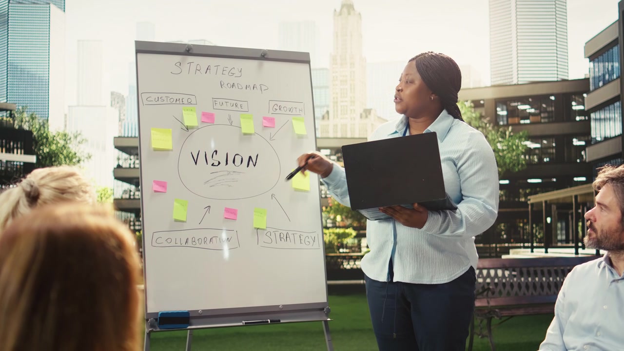 Businesswoman Presenting Strategy Roadmap to Colleagues Outdoors
