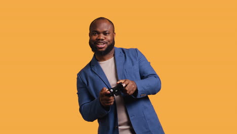 gamer showing thumbs up excited to do gaming, studio background