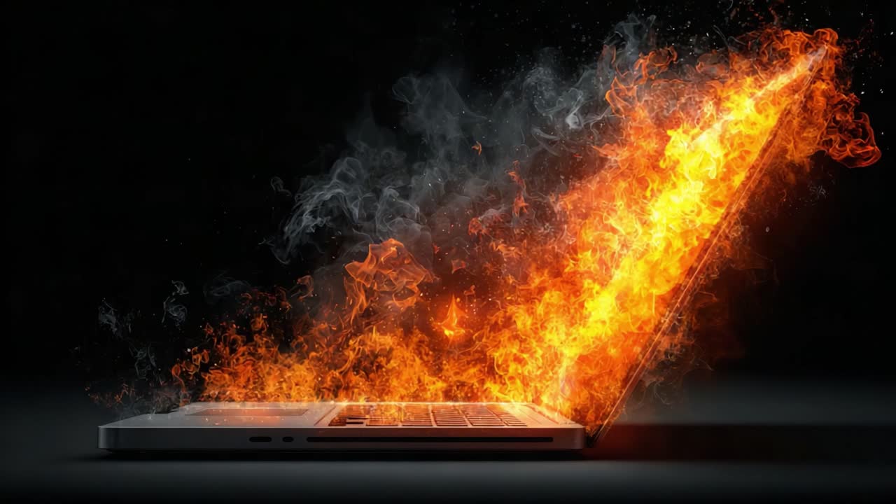 A Dynamic Visual of a Laptop Erupting in Flames and Smoke, Capturing the Intense Moment of Heat and Energy Radiating from the Device's Open Display