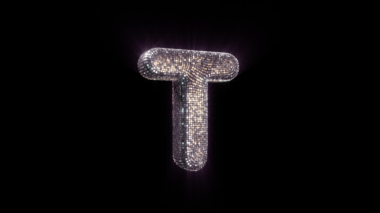 Lettera T animata a forma di palla da discoteca scintillante su sfondo nero