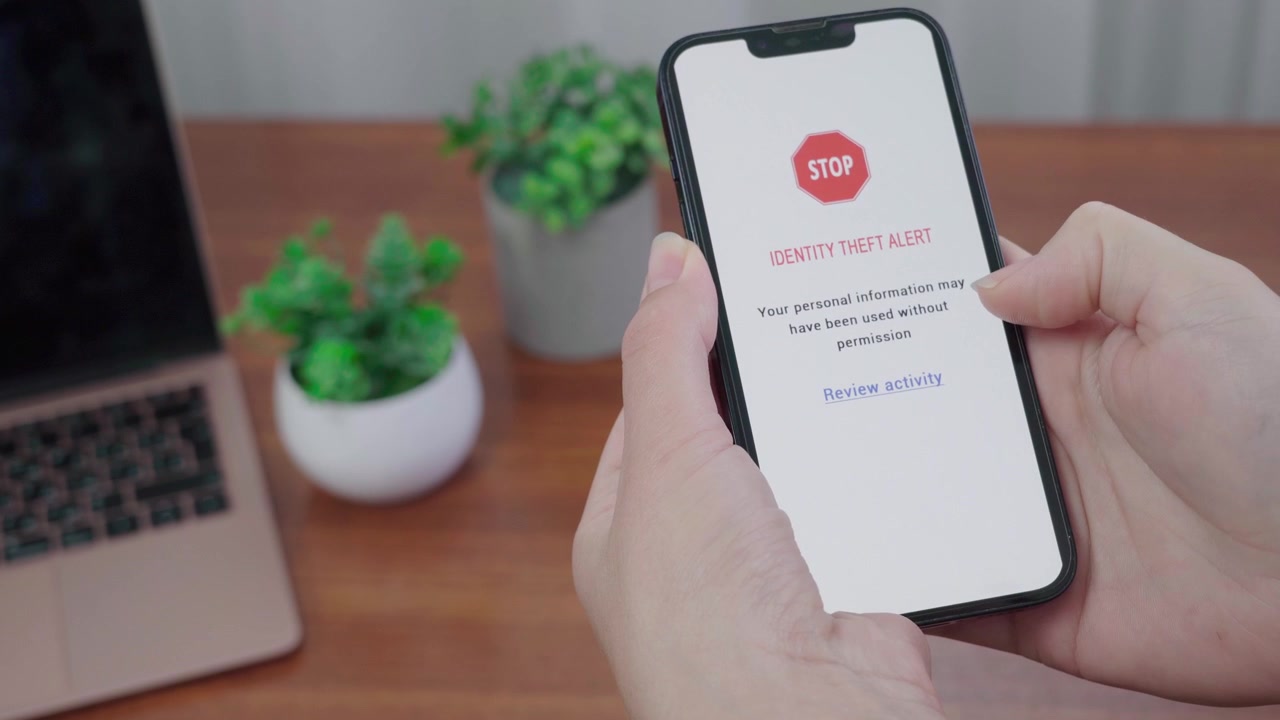 Identity theft alert with a red stop icon appears on an AI security app as a thumb hovers over Review activity in a tidy workspace.