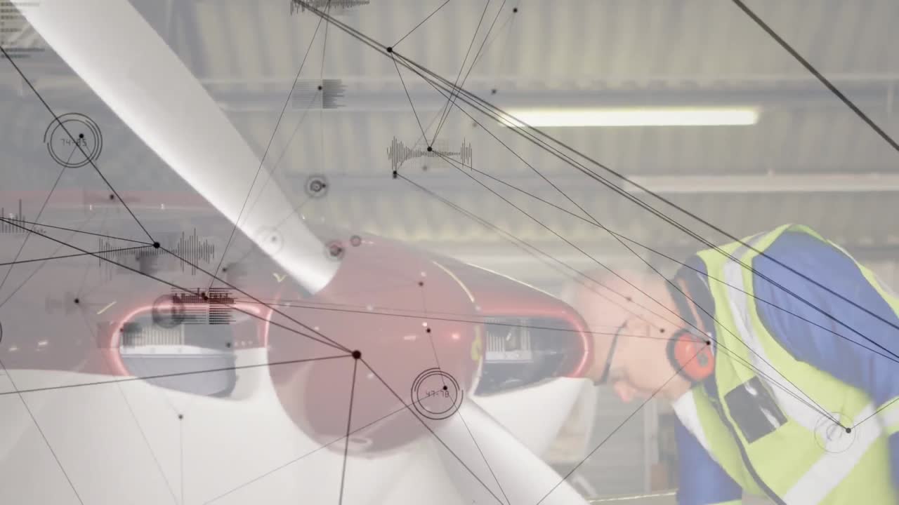 공항에서 비행기에 탑승하는 백인 남성 엔지니어에 대한 연결 네트워크의 애니메이션