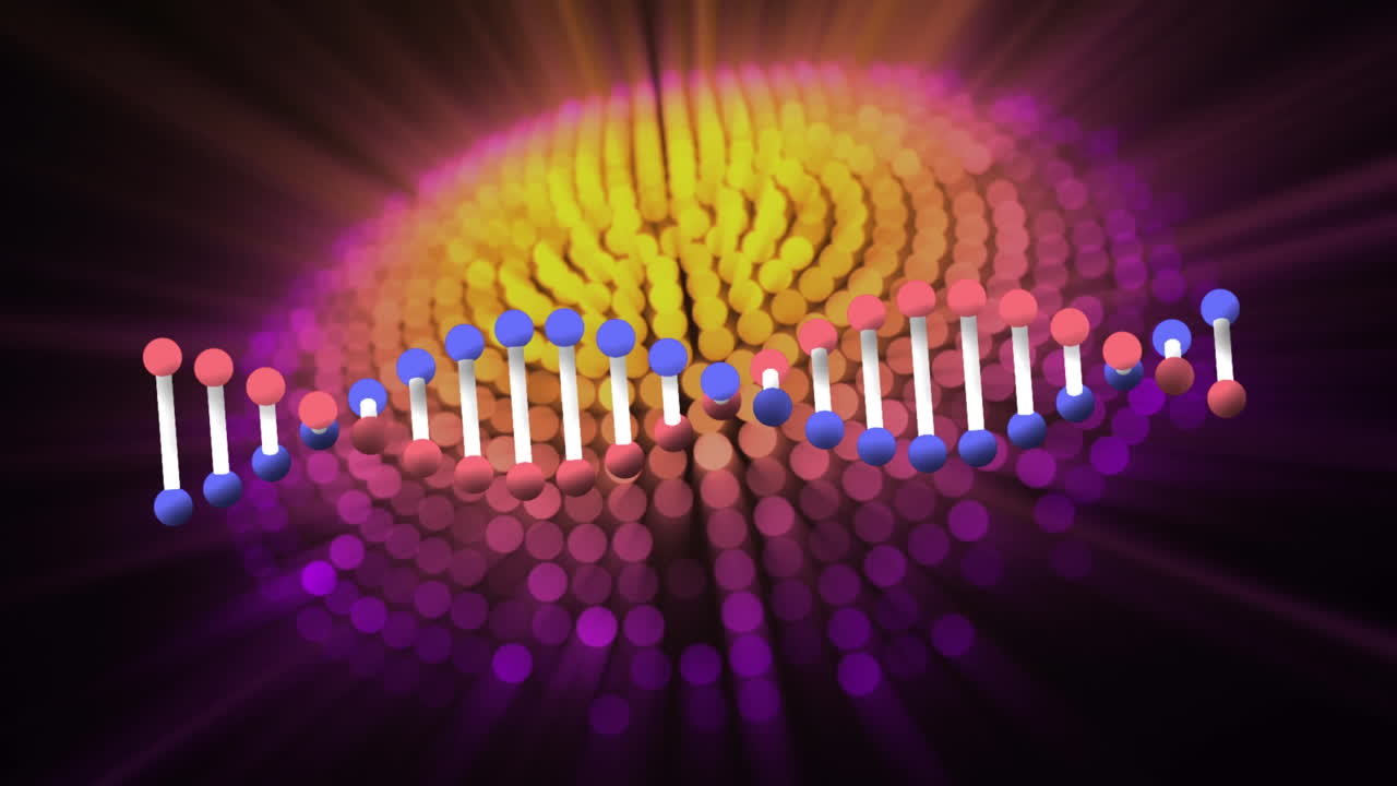Animation of dna strand spinning over colorful glowing dots